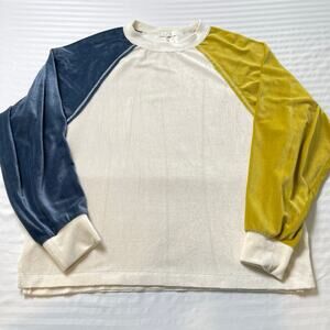 Easel Colorblock Ribbed Top Medium Blue Mustard Cream Raglan Sleeve Soft Stretch